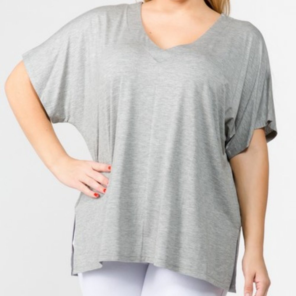 Plus Size T-Shirt V Neck Oversized Fit Side Slits Sizes 1X-3X. Heather Grey